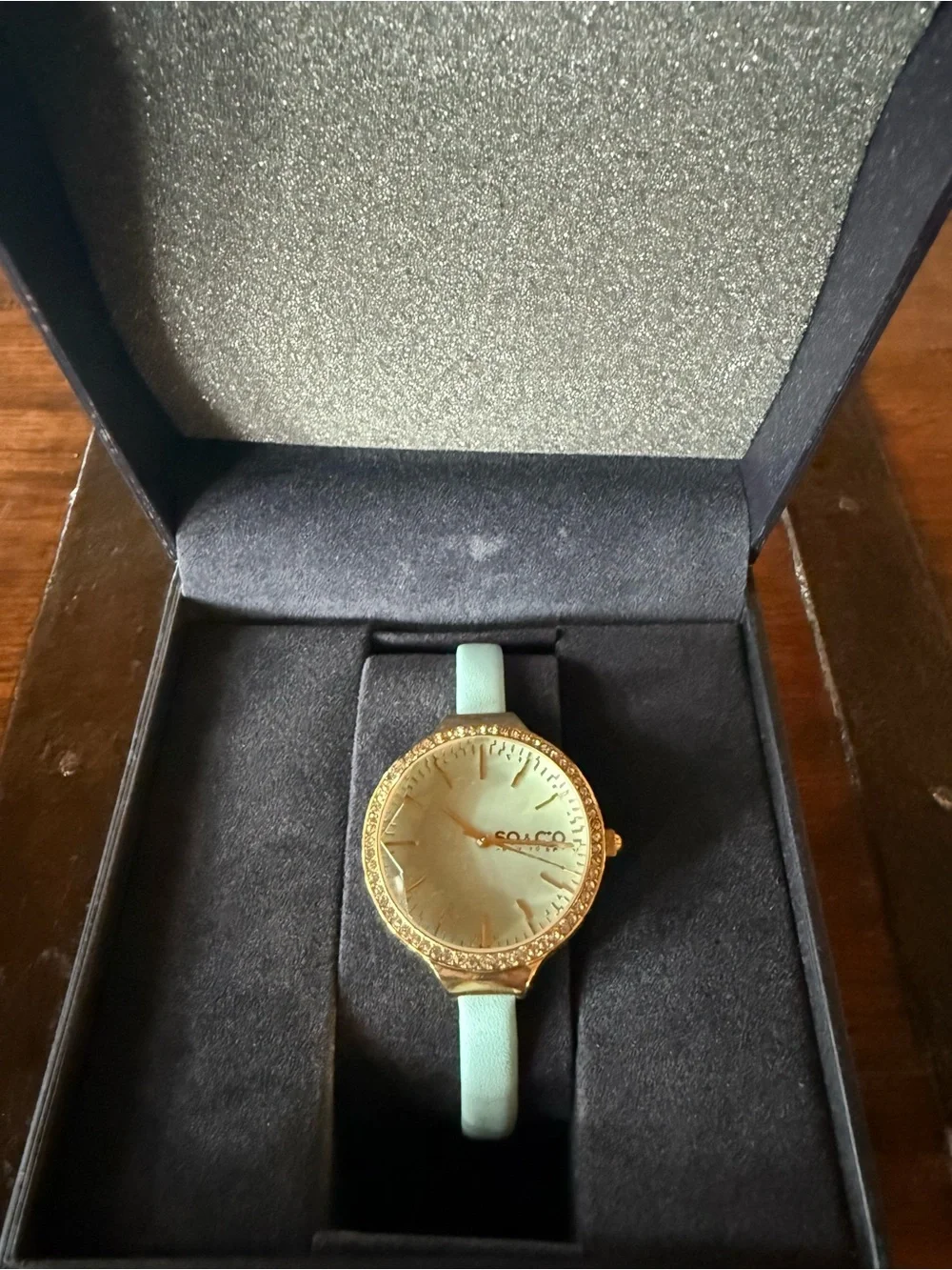 SO & CO New York SoHo Women's Watch - Gold w/ Crystal Bezel & Mint Green Leather